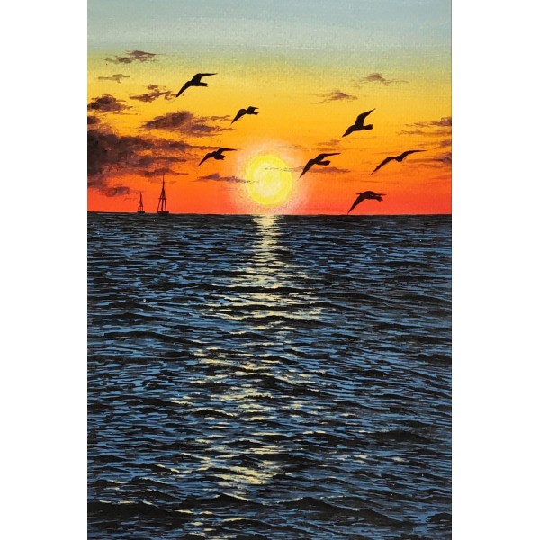 Vogels over Zee bij Zonsondergang